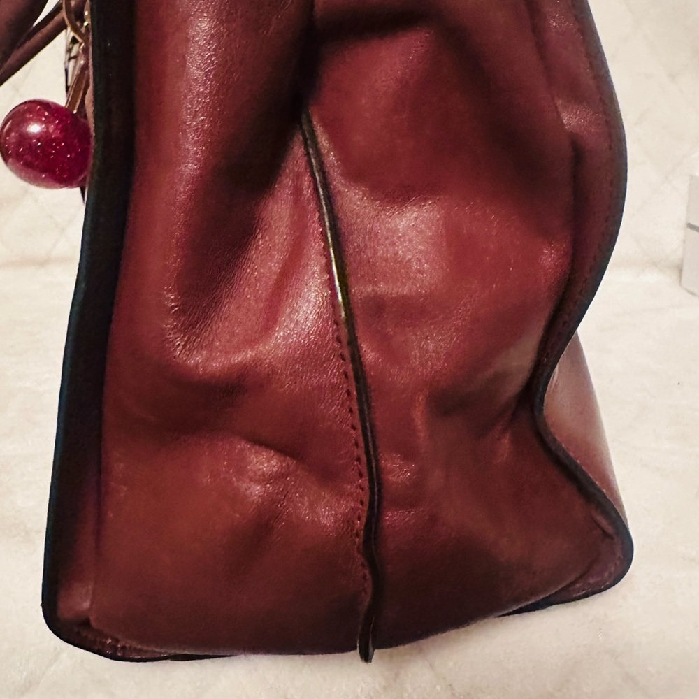 Coach Burgundy Leather Satchel with Cherry Charm and Floral Scarf - Picture 3 of 12